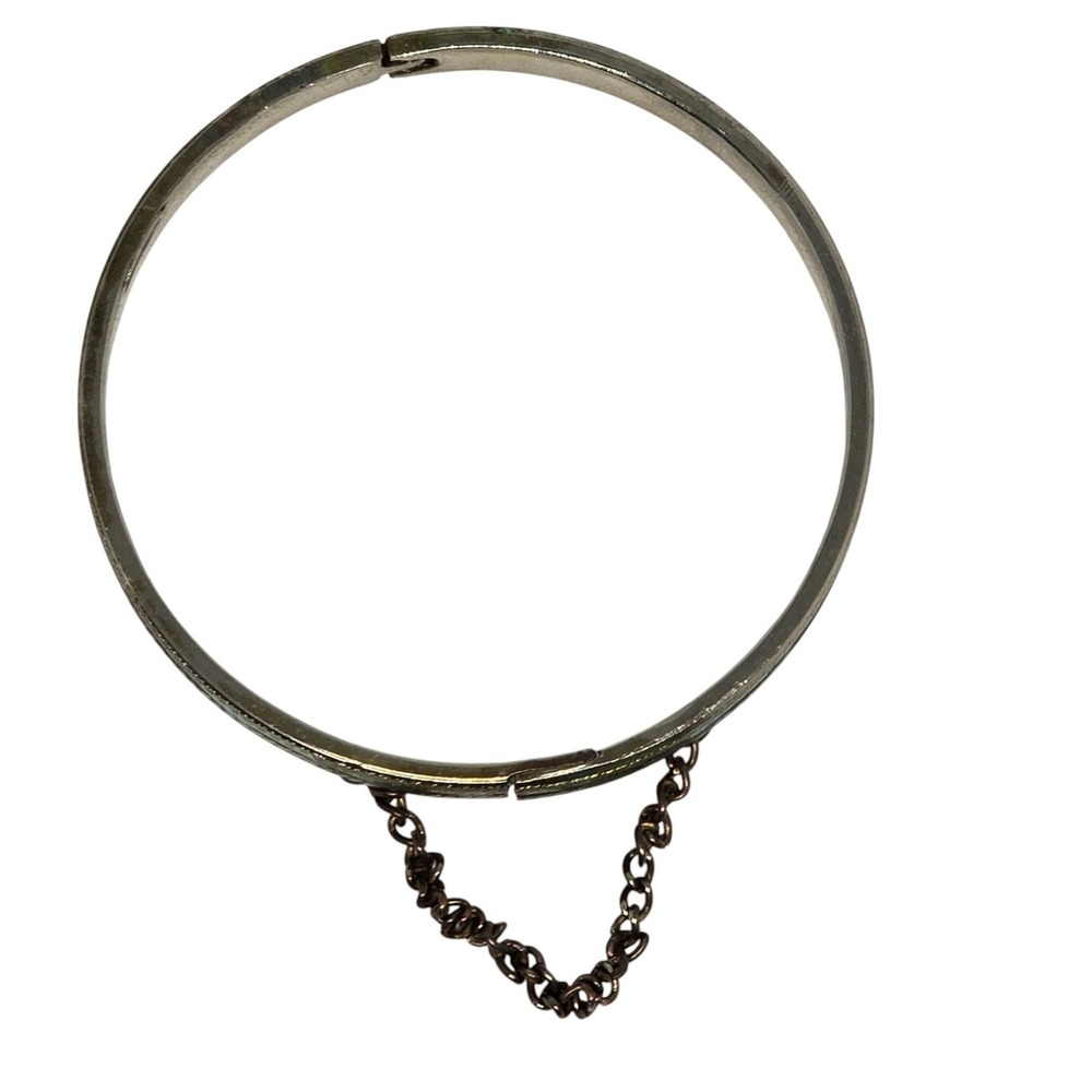 Vintage Silver Tone Etched Hinged Bangle Bracelet Safety Chain 2 1/4"